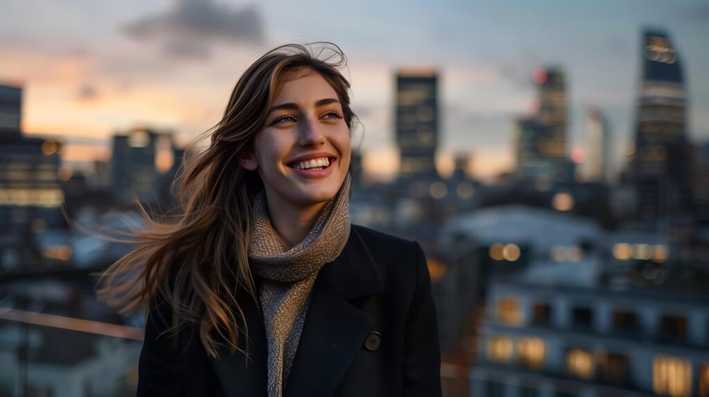 Confident Young Businesswoman Radiates Success Against City Skyline Background Free Photo