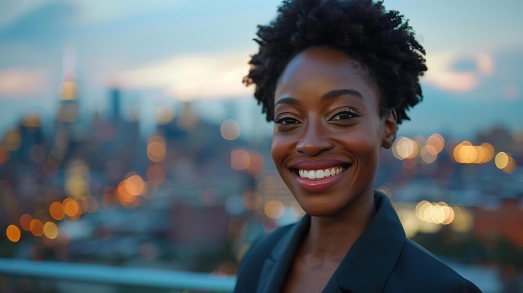 Confident Young Businesswoman Shines Against Urban Skyline Embracing Modern Professional Success Free Photo