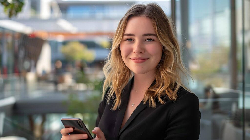 Confident Young Professional Embraces Modern Workplace Cityscape Background Medium Shot with 50mm Lens Free Photo