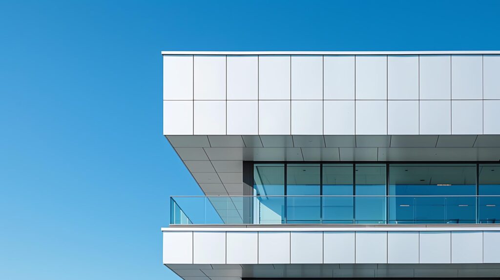 Contemporary Office Building Soars Against Clear Blue Sky Captured with Telephoto Lens Free Photo