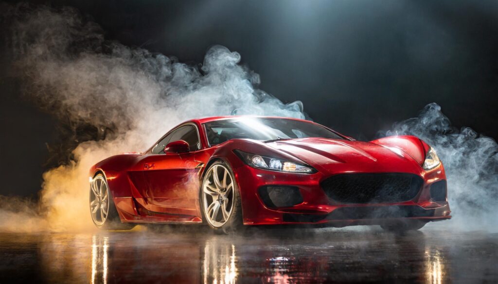 Cool shot of a red shiny sports car on a black background with smoke coming out of it Free Photo