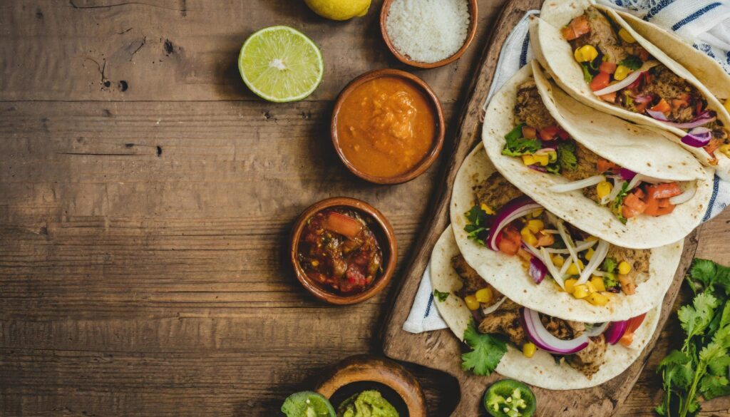 Copy Space image of Taco bar side border with an assortment of ingredients. Top view on a dark wood banner background Free Photo