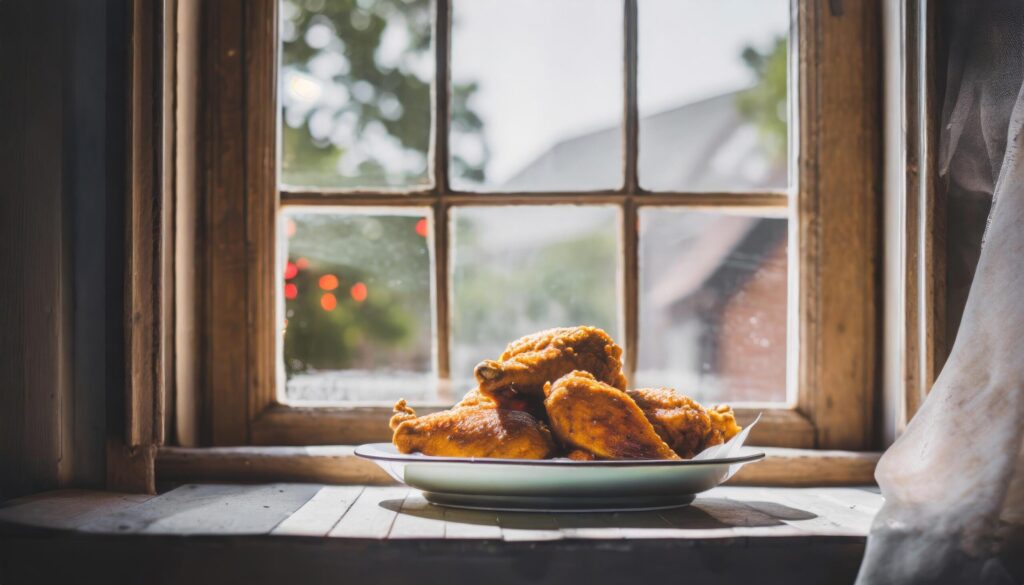 Copy Space image through the window of Fried Breaded chicken tender strips Free Photo