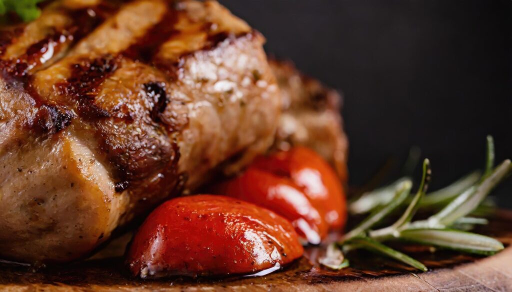 Copy Space image with close up of barbecue ribs on cutting board over wooden table. Free Photo