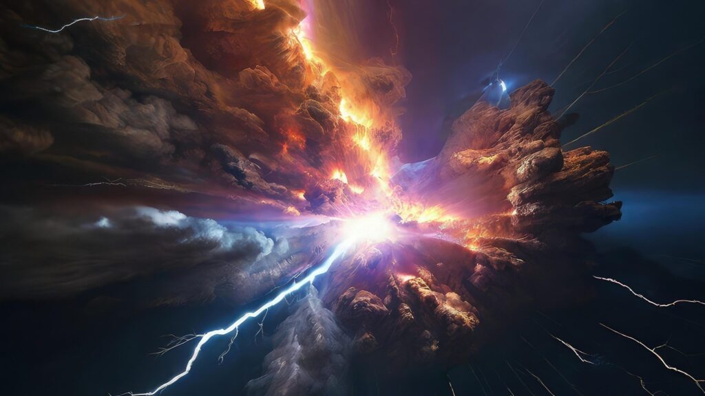 Cosmic Cataclysm Smoke Clouds and Lightning Strikes Free Photo