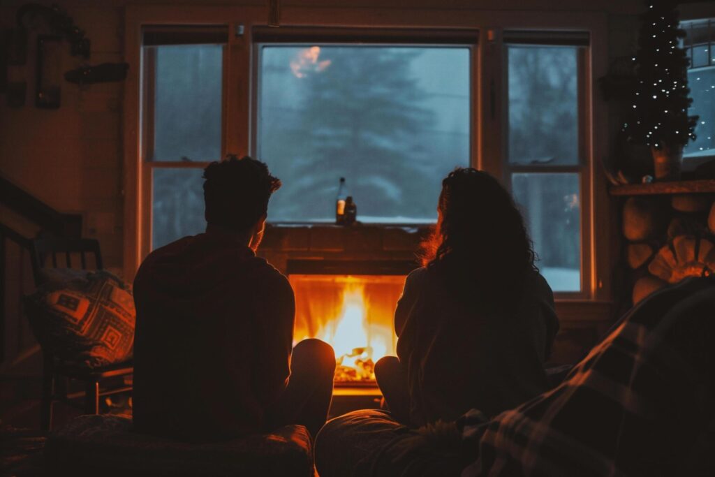 Couple sitting in front of fireplace at home, looking at each other Free Photo