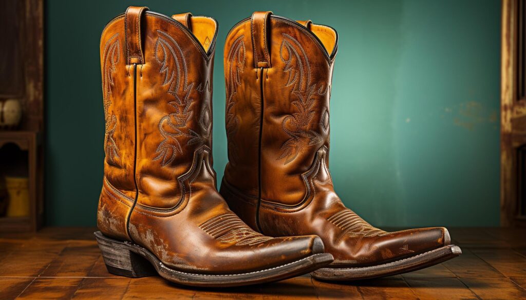 Cowboy boot pair, shiny leather, rustic wood, elegant fashion generated by AI Free Photo