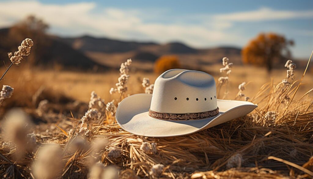 Cowboy hat, straw hat, sunset men and women relax outdoors generated by AI Free Photo