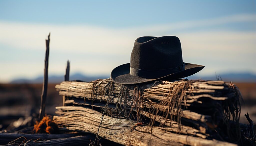 Cowboy hat, straw hat, sunset men travel outdoors, old fashioned adventure generated by AI Free Photo