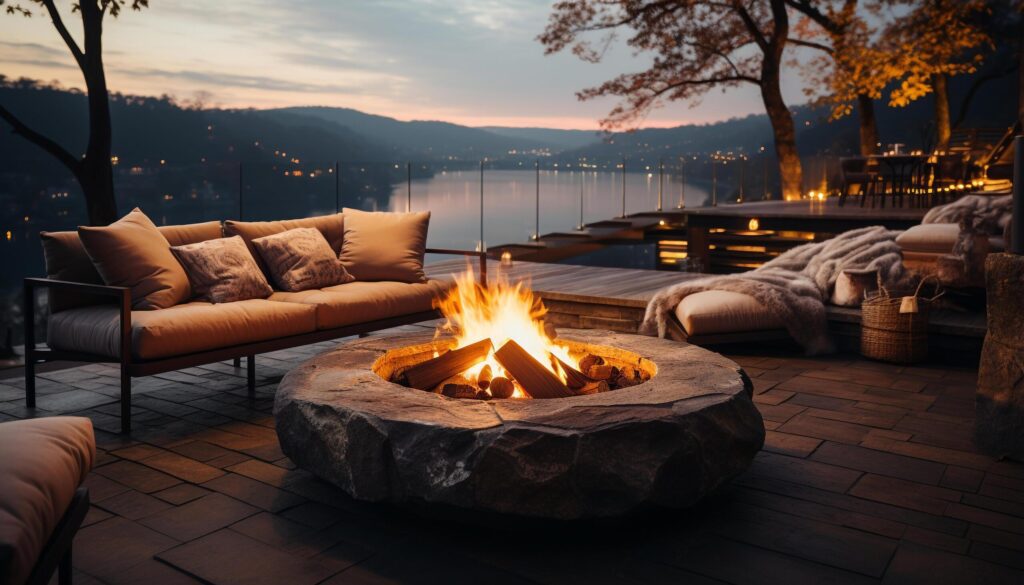 Cozy campfire illuminates tranquil outdoor landscape, providing warmth and relaxation generated by AI Free Photo