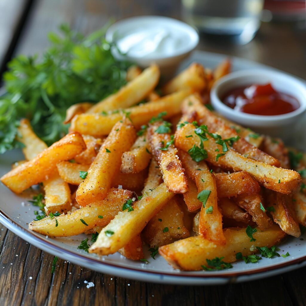 CRISPY FRENCH FRIES WITH KETCHUP ISOLATED IN A WOODEN TABLE Free Photo