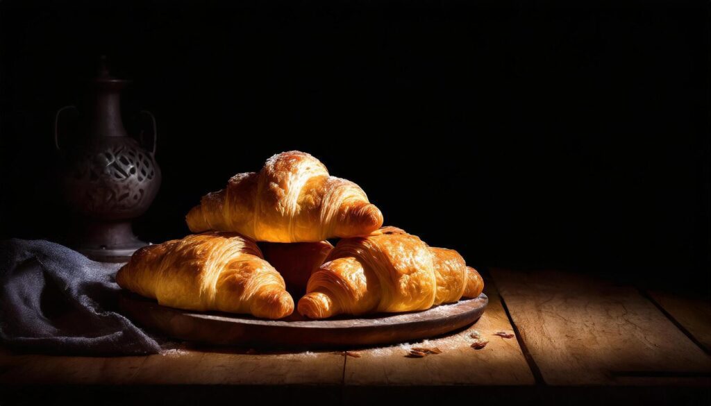 AI generated Croissant breads on the wooden table in the dark black background with space for copy Stock Free