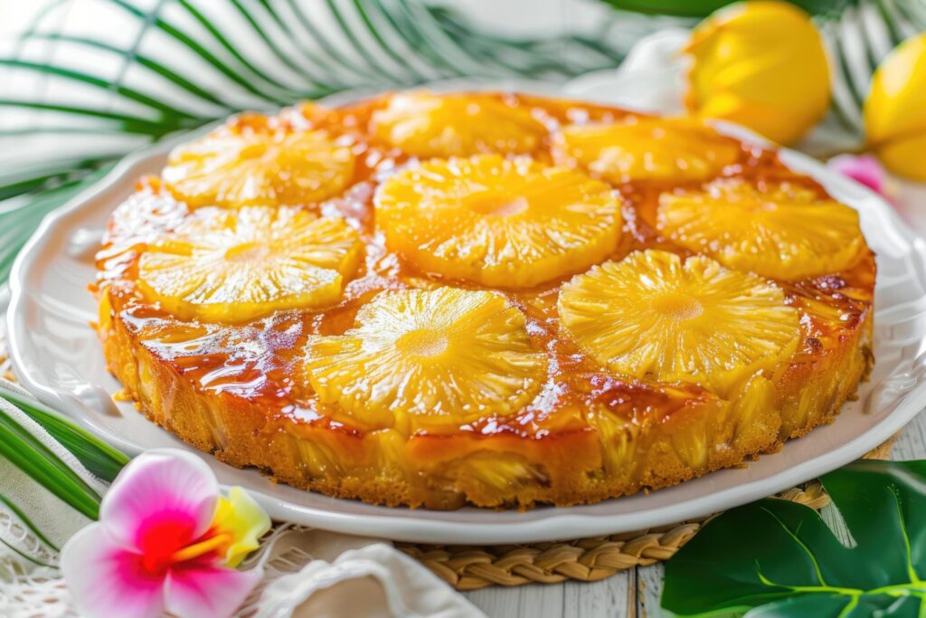 Crushed, pineapple, upside down cake, fine tableware, tropical leaves, space for text Free Photo