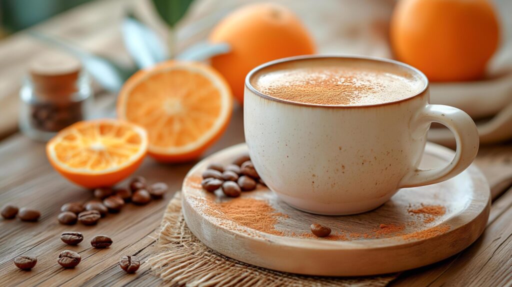 Cup with Cappuccino, Oranges, and Cinnamon Free Photo