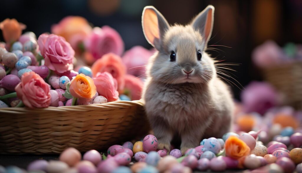 Cute baby rabbit sits in a colorful Easter basket generated by AI Free Photo