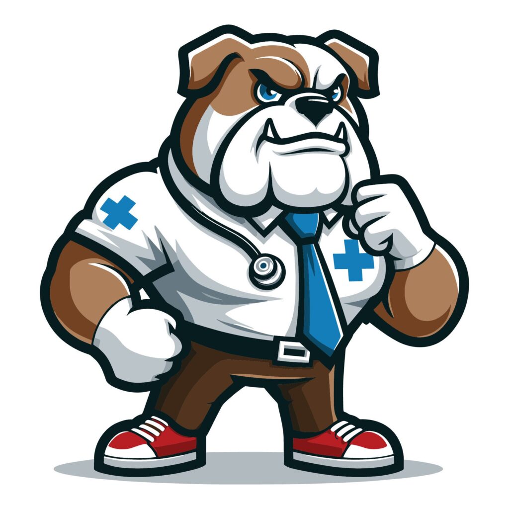 Cute cartoon bulldog puppy in doctor uniform with stethoscope mascot character design vector, logo template isolated on white background Free Vector