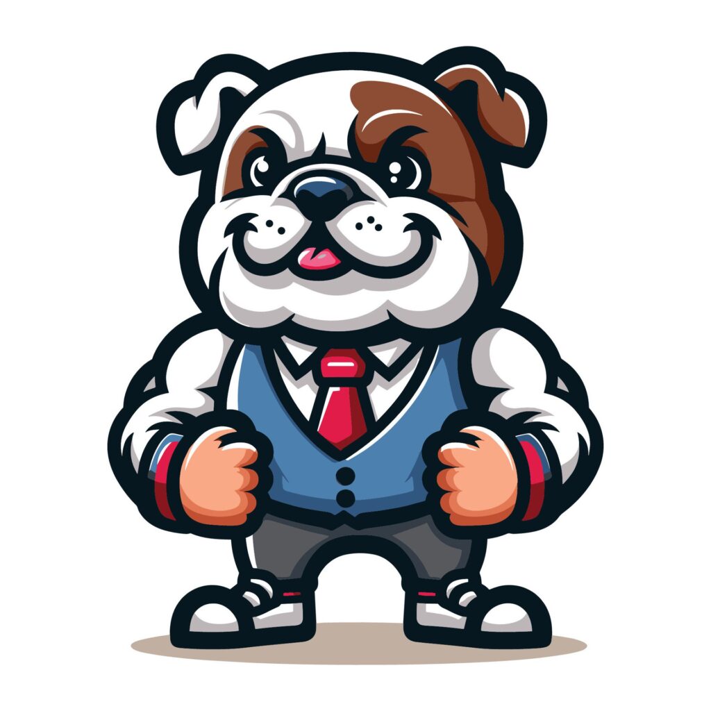 Cute cartoon bulldog puppy in school uniform mascot character design vector, logo template isolated on white background Free Vector