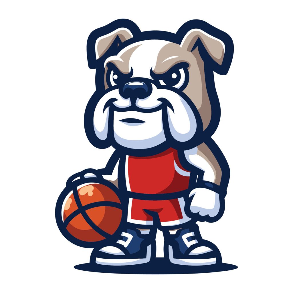 Cute cartoon bulldog puppy playing basketball mascot character design vector, logo template isolated on white background Free Vector