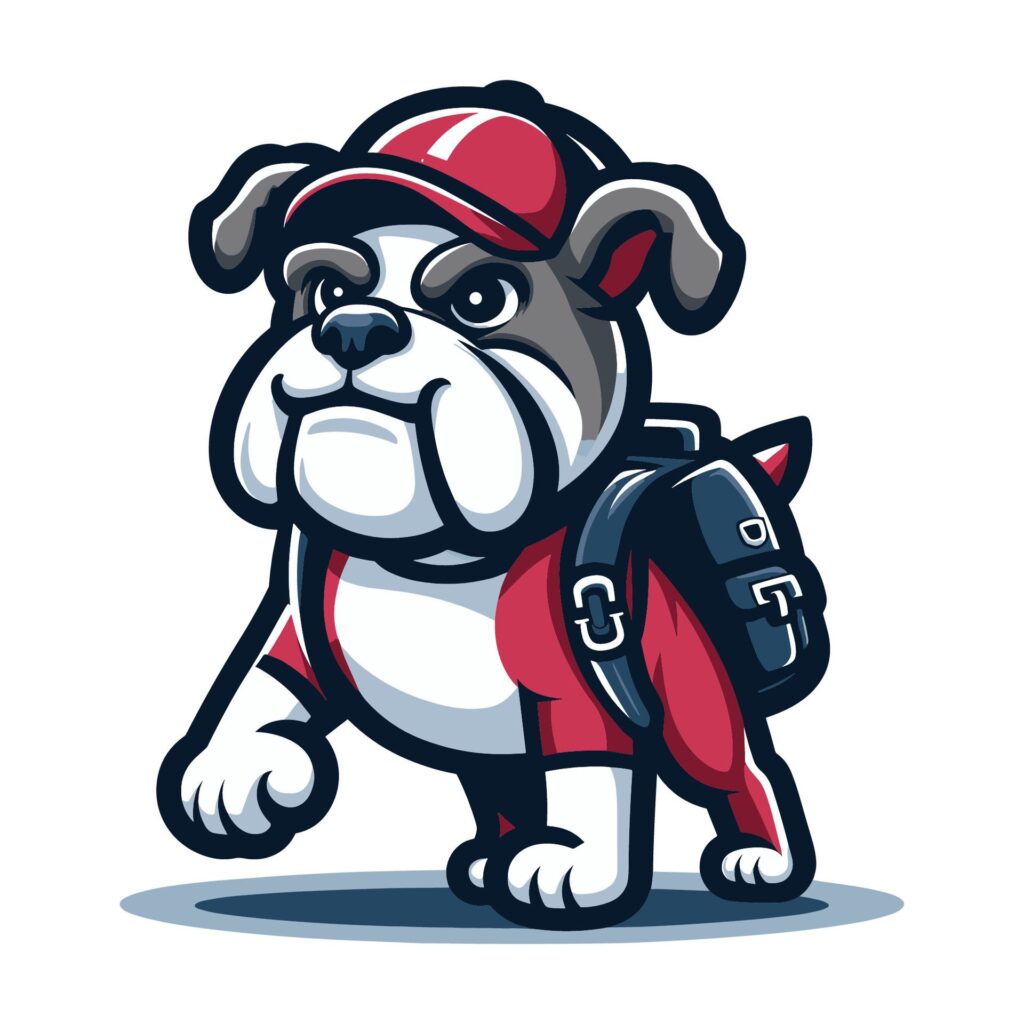 Cute cartoon bulldog puppy with backpack and hat mascot character design vector, logo template isolated on white background Free Vector