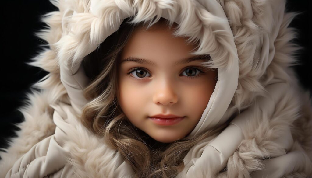 Cute child smiling, wearing fur, looking at camera generated by AI Free Photo