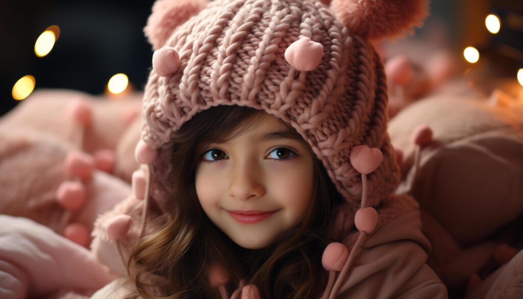 Cute child smiling, winter portrait, joyful celebration indoors generated by AI Free Photo