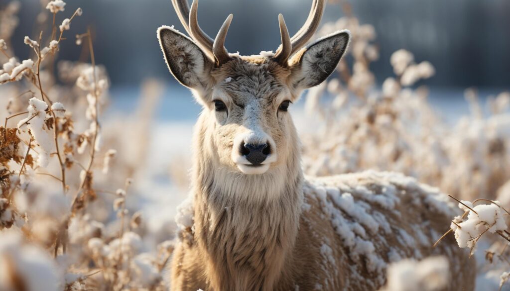 Cute deer grazing in snowy meadow, looking at camera generated by AI Free Photo