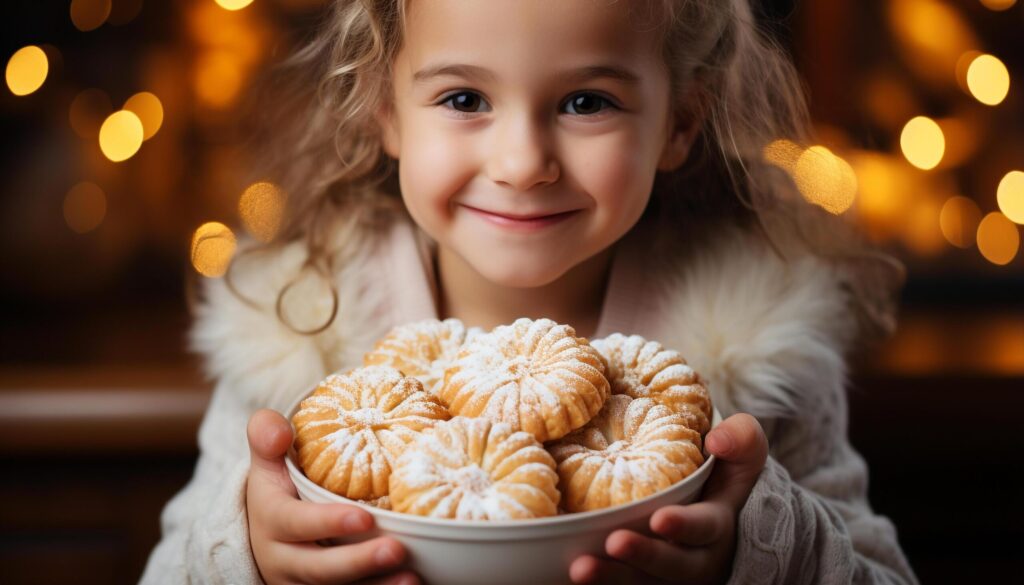 Cute girl smiling, holding homemade cookie, celebrating Christmas joyfully generated by AI Free Photo