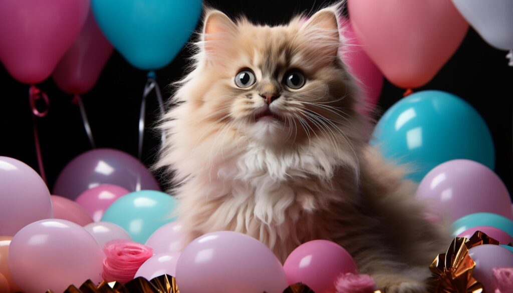 Cute kitten and playful puppy celebrate birthday with colorful balloons generated by AI Free Photo