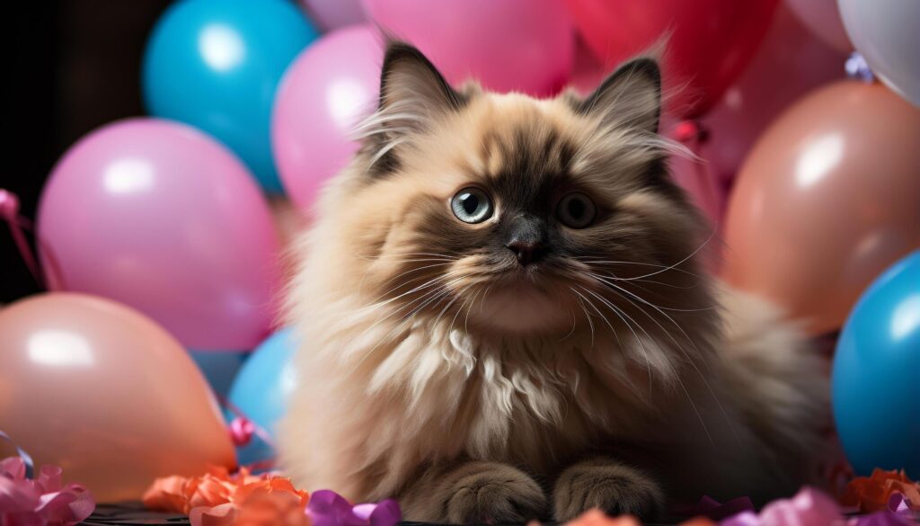 Cute kitten celebrates birthday with playful balloon decoration generated by AI Free Photo