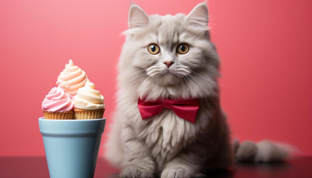 Cute kitten looking at camera, celebrating with sweet gift generated by AI Free Photo