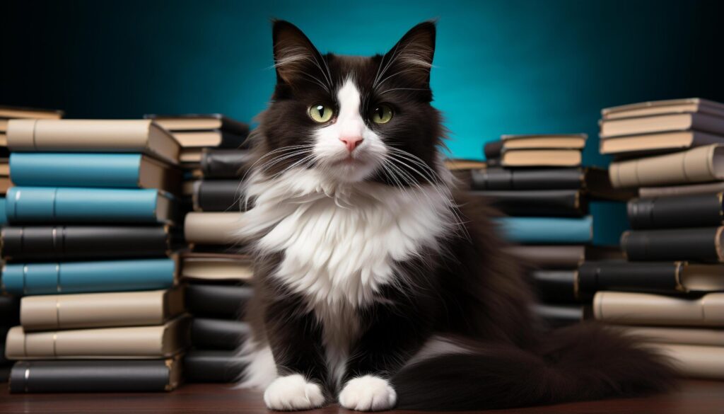 Cute kitten reading book, sitting on bookshelf, indoors generated by AI Free Photo