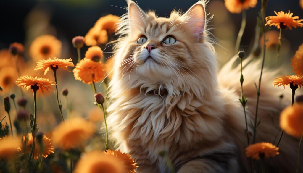 Cute kitten sitting in grass, surrounded by yellow flowers generated by AI Free Photo