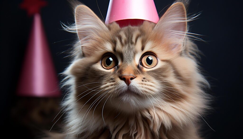 Cute kitten sitting, looking at camera, celebrating birthday with cap generated by AI Free Photo