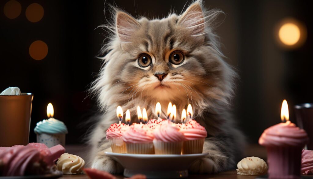 Cute kitten sitting, looking at camera, illuminated by candle generated by AI Free Photo