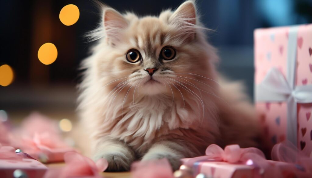 Cute kitten sitting, looking at camera, playful with toy generated by AI Free Photo