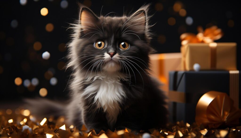 Cute kitten sitting, looking at camera, surrounded by Christmas lights generated by AI Free Photo