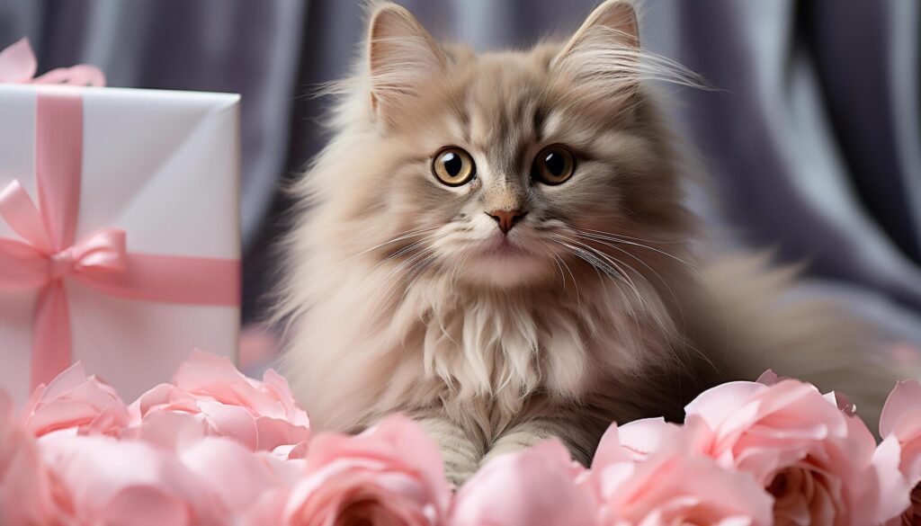 Cute kitten sitting, looking at camera, surrounded by fluffy toys generated by AI Free Photo