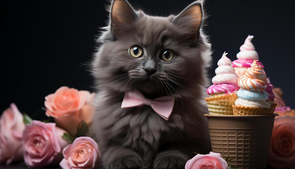 Cute kitten sitting, looking at camera, surrounded by Halloween decorations generated by AI Free Photo