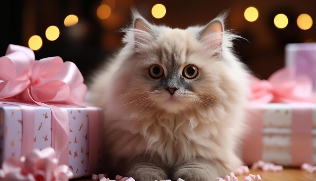 Cute kitten sitting, looking at camera, surrounded by pink flowers generated by AI Free Photo