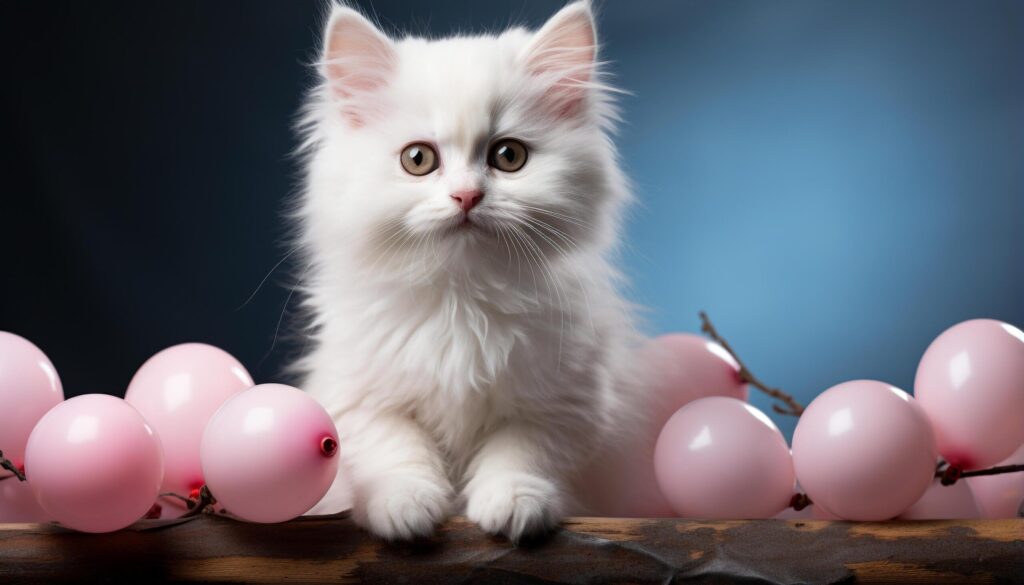 Cute kitten sitting, looking at camera, with blue balloon generated by AI Free Photo