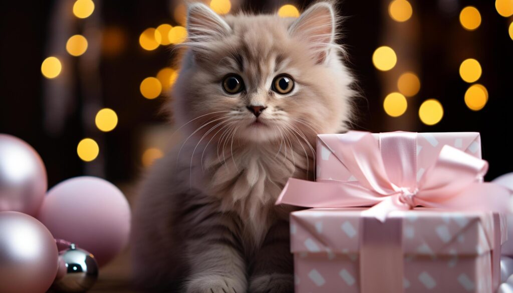 Cute kitten sitting, looking at camera, wrapped in gift generated by AI Free Photo