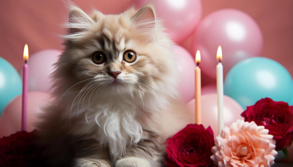 Cute kitten sitting, looking at candle flame, celebrating birthday generated by AI Free Photo