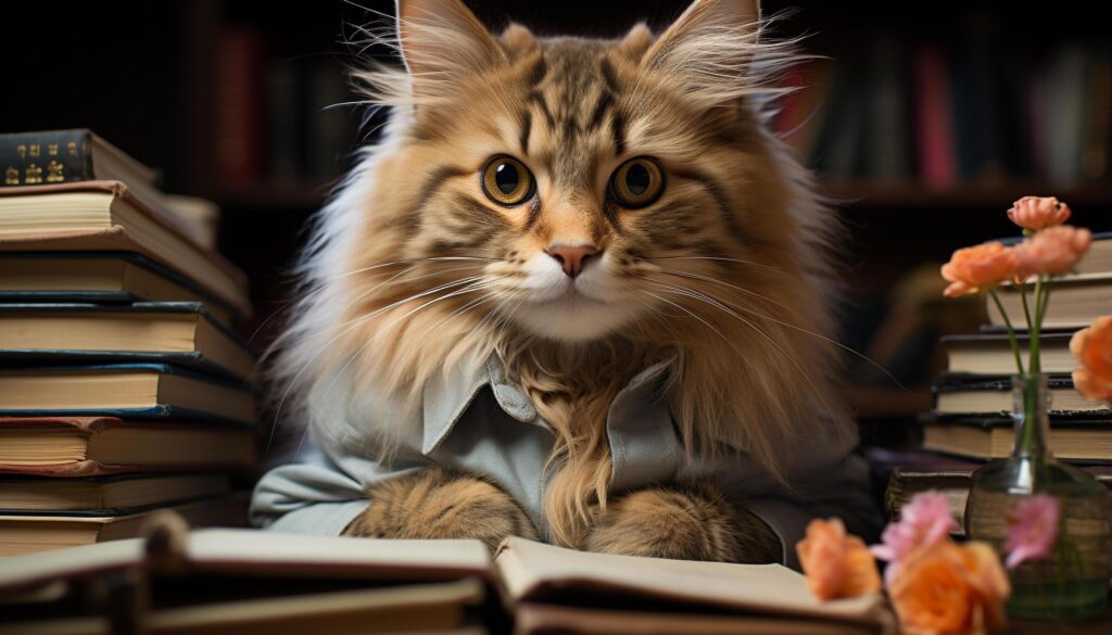 Cute kitten sitting on bookshelf, reading, surrounded by literature generated by AI Free Photo