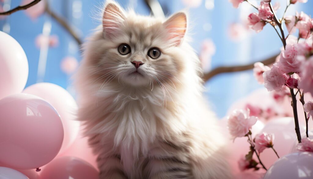 Cute kitten sitting on branch, fluffy fur, playful nature generated by AI Free Photo