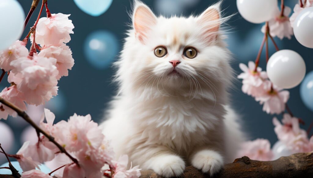 Cute kitten sitting on branch, looking at camera, surrounded by flowers generated by AI Free Photo