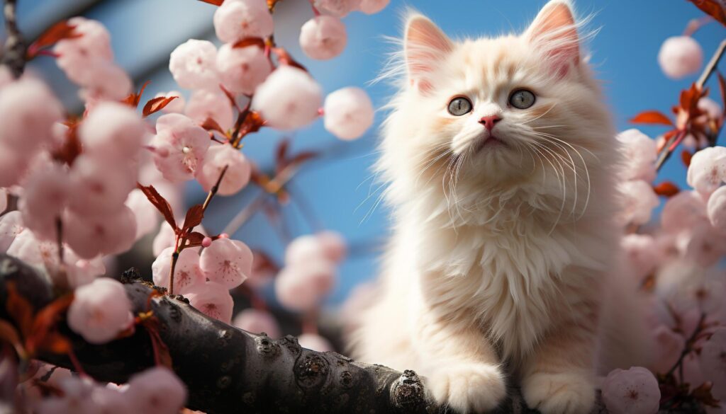 Cute kitten sitting on branch, looking at pink flower generated by AI Free Photo