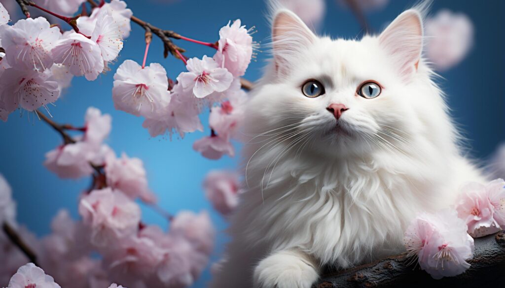 Cute kitten sitting on branch, surrounded by pink cherry blossoms generated by AI Free Photo