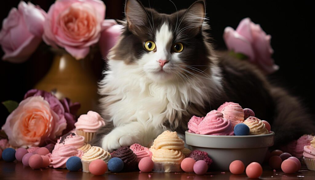 Cute kitten sitting on table, eating chocolate cookie from bowl generated by AI Free Photo