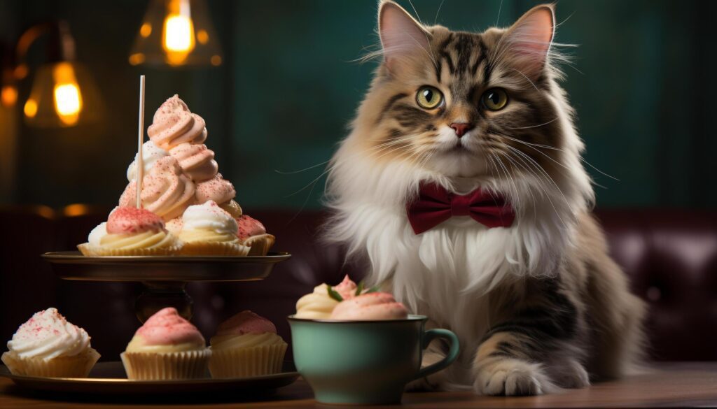 Cute kitten sitting on table, eating chocolate cupcake indoors generated by AI Free Photo