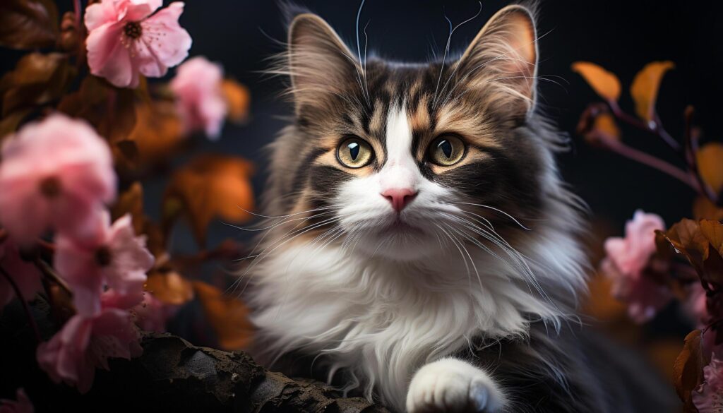 Cute kitten sitting outdoors, looking at camera, surrounded by flowers generated by AI Free Photo